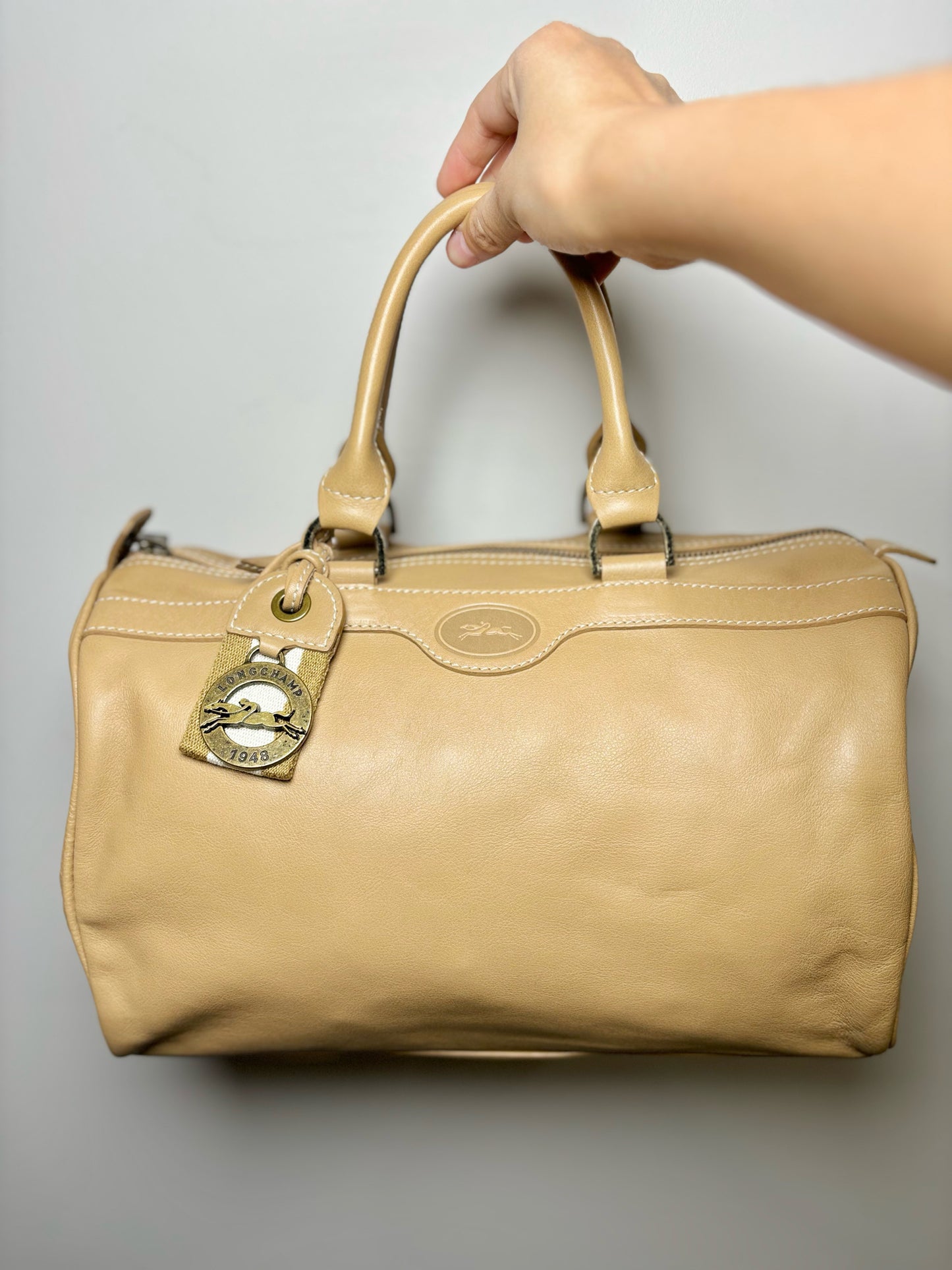 Longchamp Solid Leather Tan Bowling Bag Purse