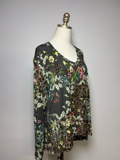 Women Size XXL Johnny Was Olive Green Floral & Animal Print Pre-Owned Long Sleeve Shirt