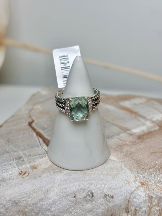 David Yurman Petite Wheaton Prasiolite, Pave' Diamonds Sz 6 Ring