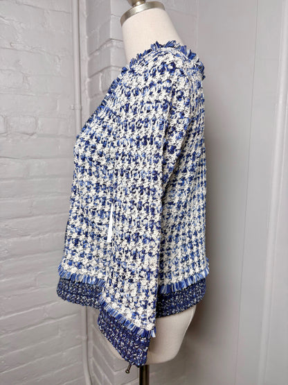 Women Size 6 St. John Blue, White Boucle Cropped Fringe Trim Blazer