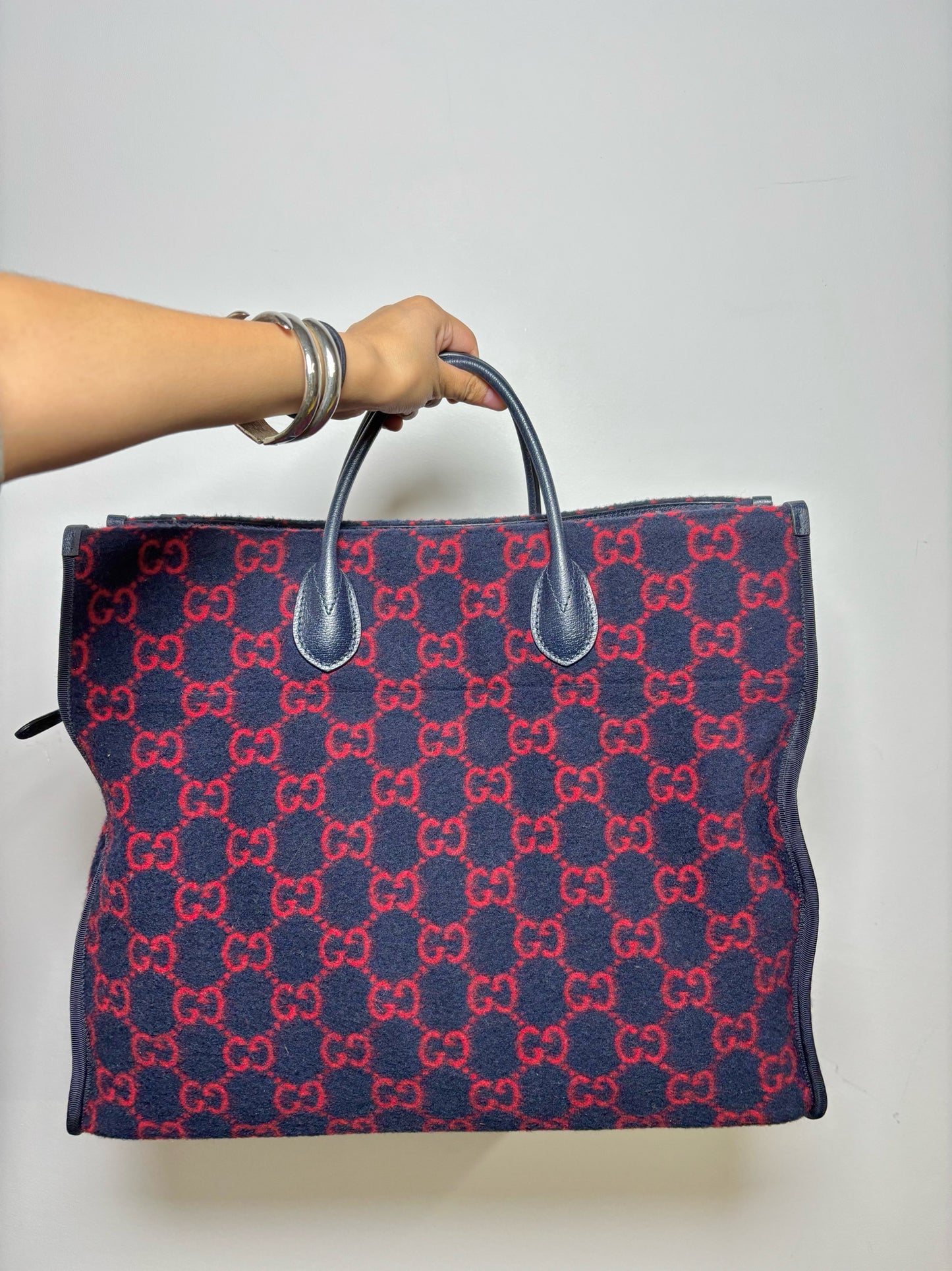 Blue, Red Gucci Double-G Monogram Wool Tote Bag
