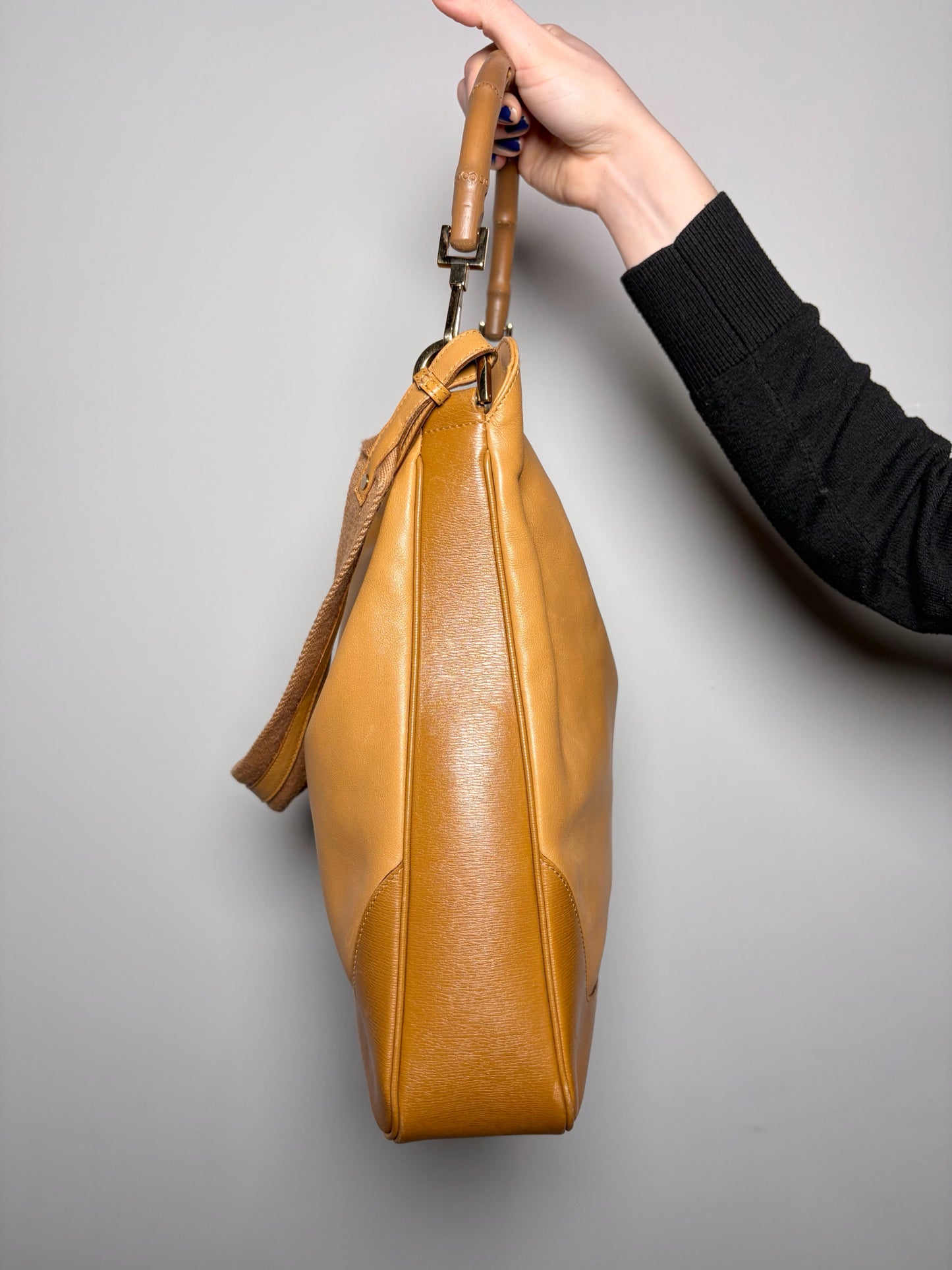 Gucci Leather Tan 2-Way Carry Bamboo Hobo Handbag
