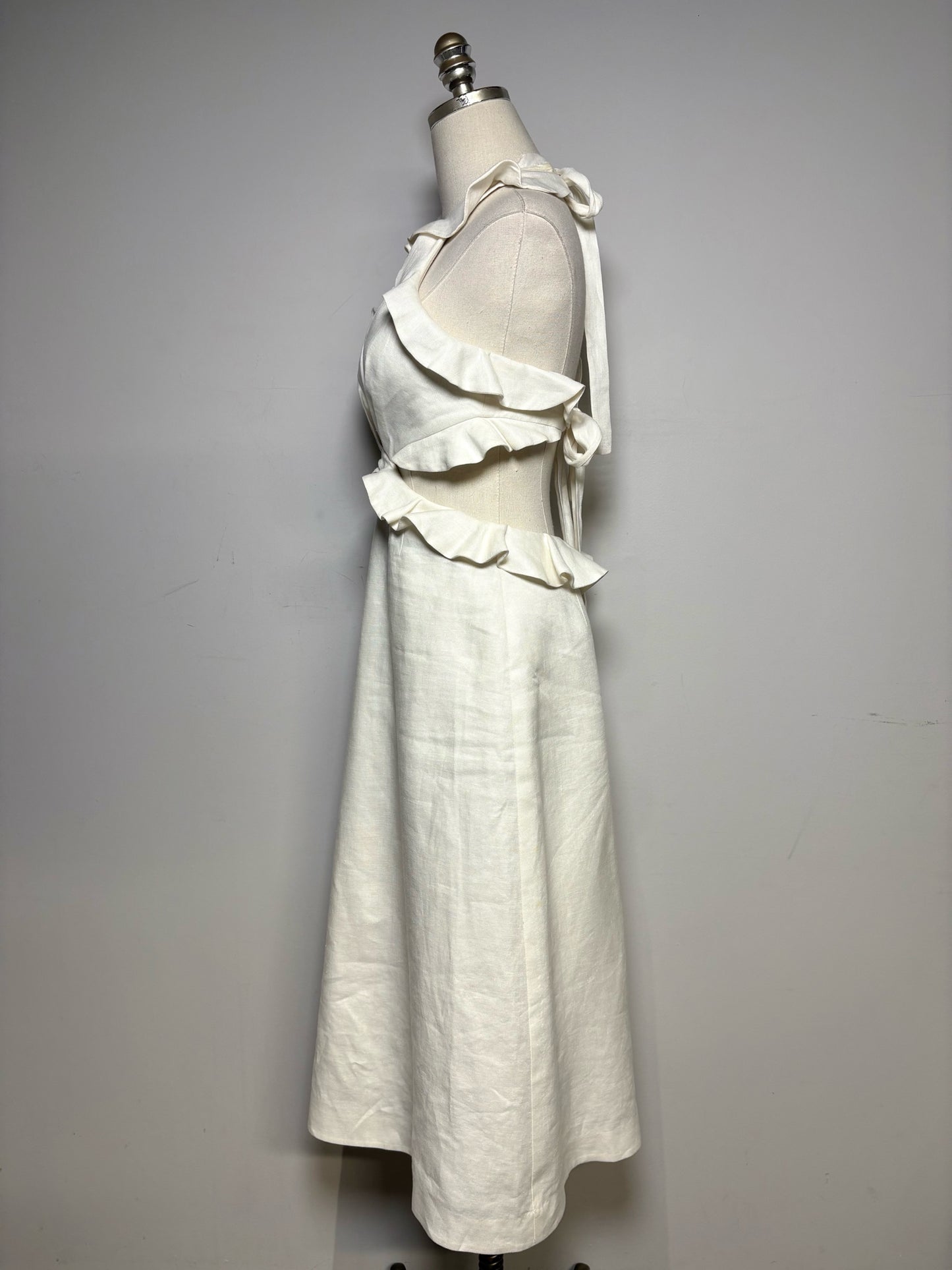 Women Size 0 Zimmermann Ivory Pure Linen Pre-Owned Lovestruck Cutout Halterneck Midi Dress