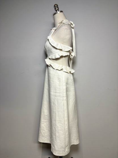 Women Size 0 Zimmermann Ivory Pure Linen Pre-Owned Lovestruck Cutout Halterneck Midi Dress