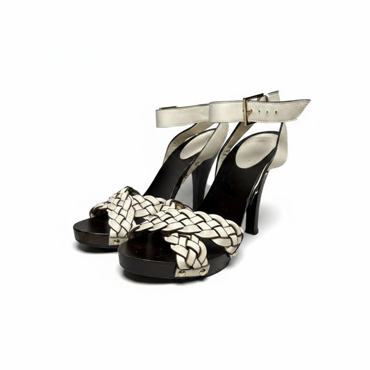 W Shoe Size 6.5 Gucci Brown, White Leather, Wood Women's Pre-owned Heels