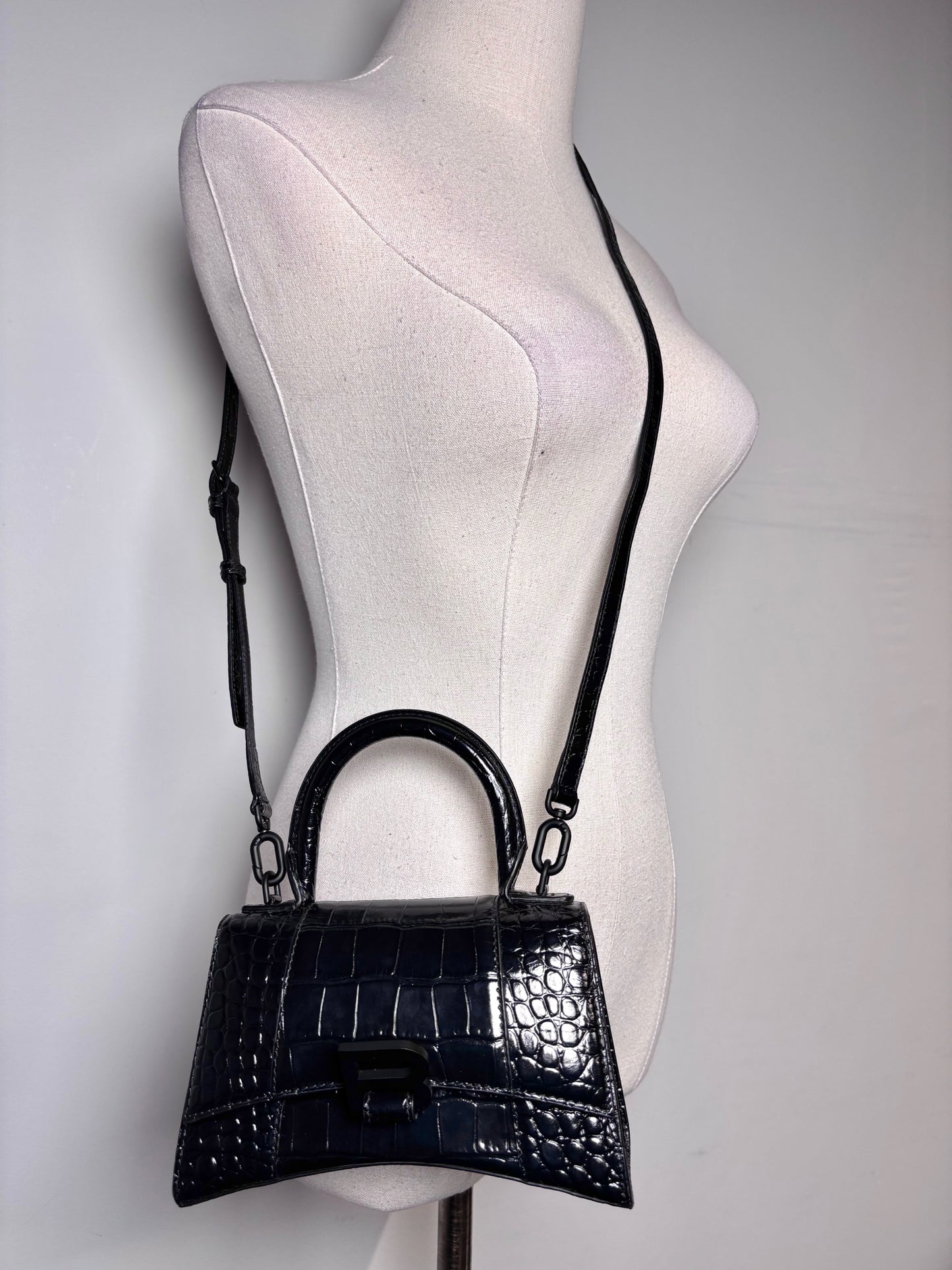 Balenciaga Hourglass Handbag Croc Embossed Black Mini Purse