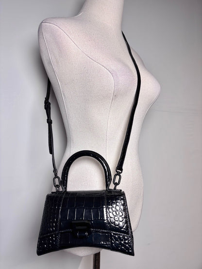 Balenciaga Hourglass Handbag Croc Embossed Black Mini Purse