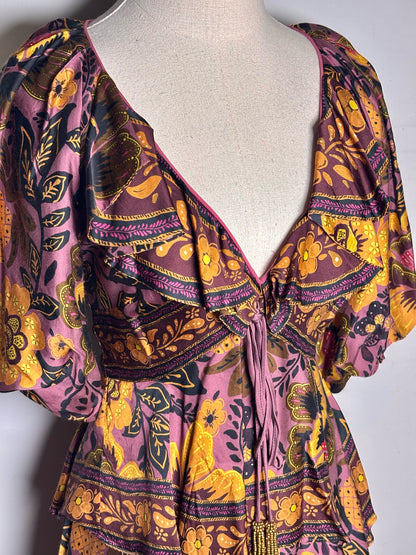 Women Size XXS Farm Rio Purple, Gold, Black Floral Print Pre-owned, NWT Dress