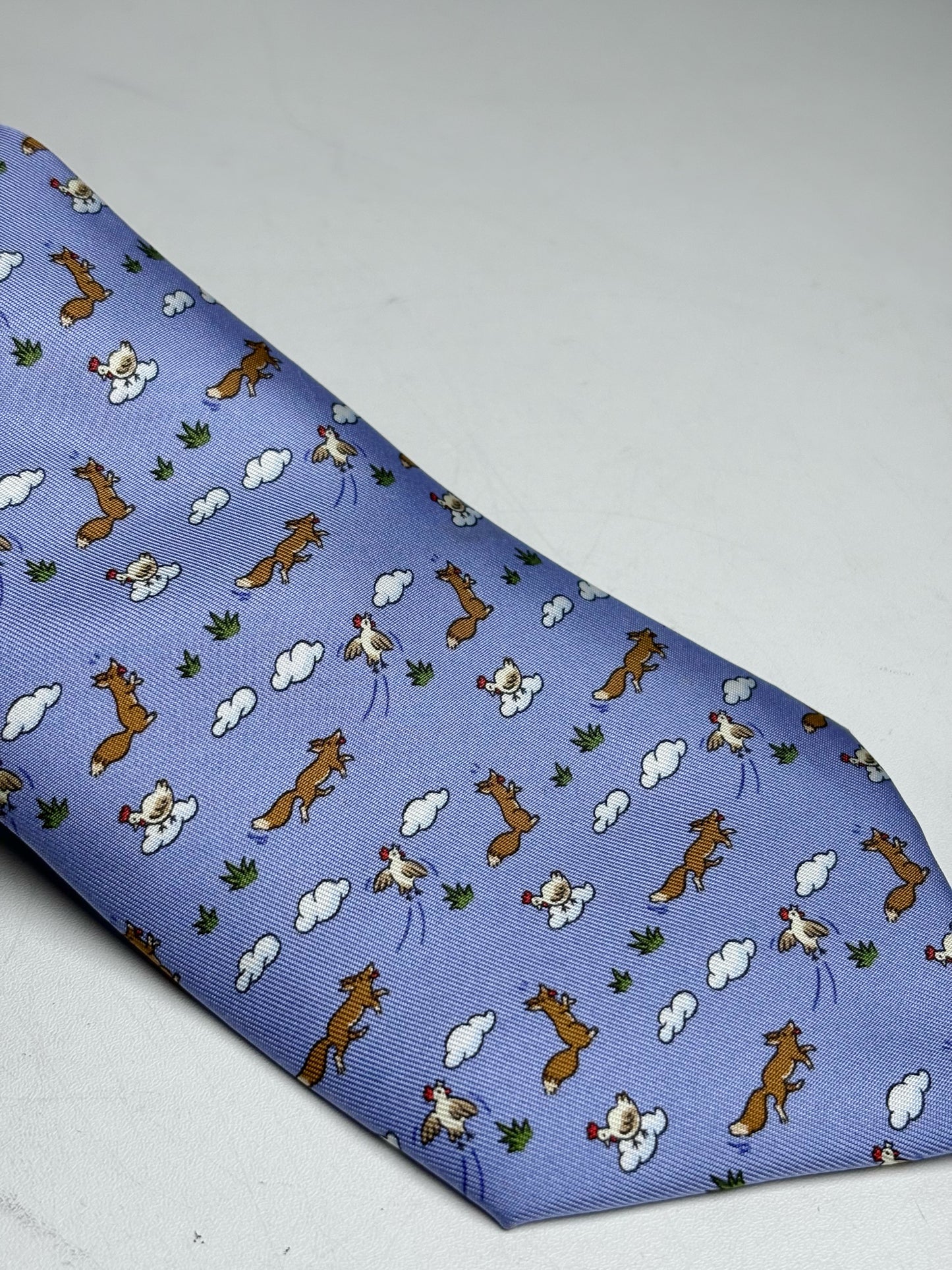 Hermes Sky Blue 100% Silk Fox, Chicken Flying Men's Vintage Pre-owned Tie