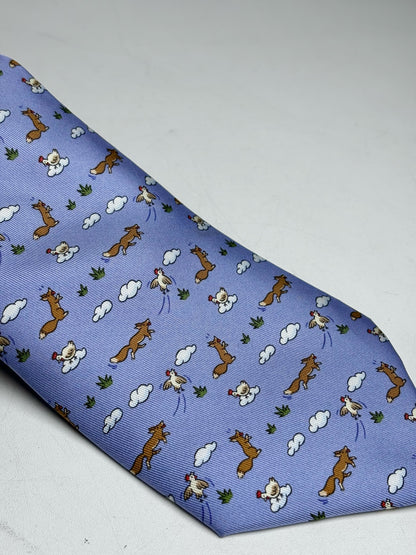 Hermes Sky Blue 100% Silk Fox, Chicken Flying Men's Vintage Pre-owned Tie