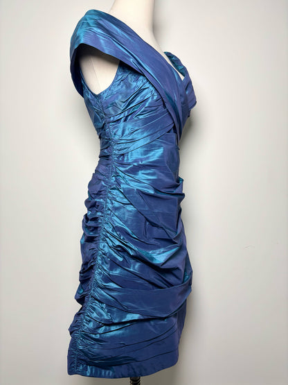 Women Size 8 Rickie Freeman Teri Jon Blue Solid Silk Dress