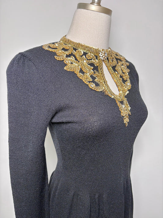 Women Size 4 Saks Fifth Avenue Black Solid Wool Gold Beading Sheath Dress