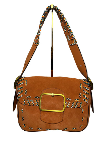 Orange shoulder bag with colorful stitching and a brass buckle