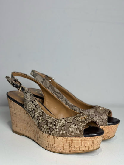 W Shoe Size 6.5 Coach Brown Canvas Cowhide Women's NWOT Wedges