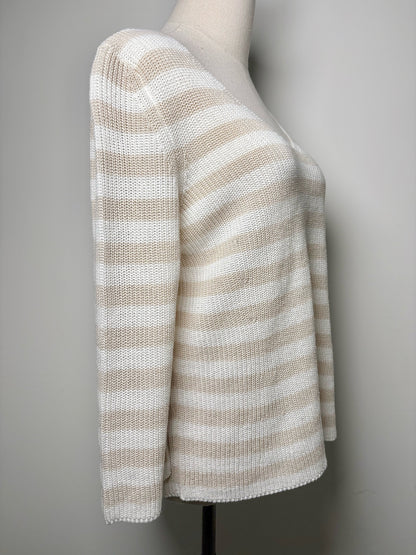 Women Size 6 Amina Rubinacci Khaki, Cream Stripe Cotton Sweater