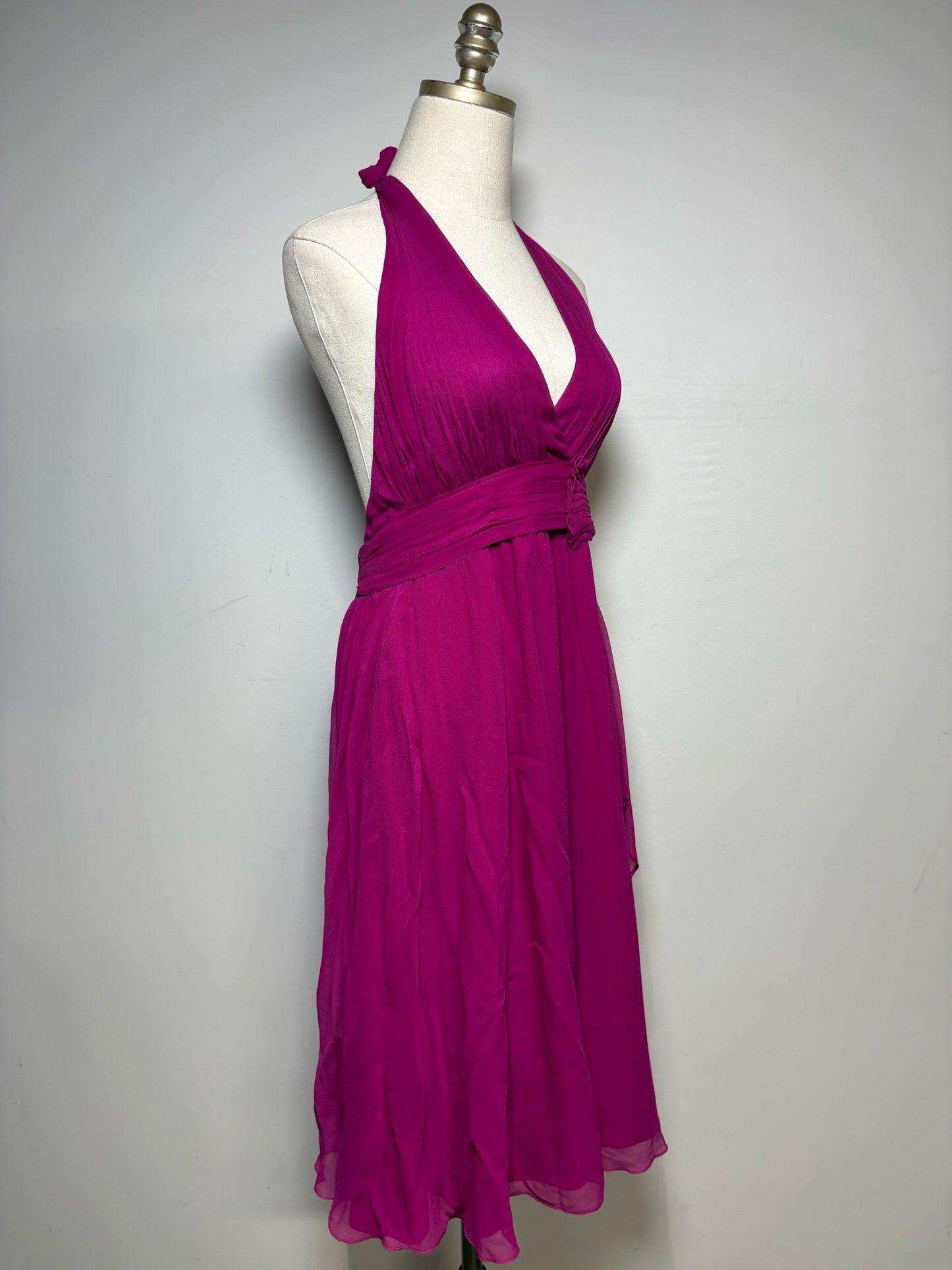 Women Size S Alice + Olivia Magenta Pink Silk NWT Pre-Owned Halter Cocktail Midi Dress