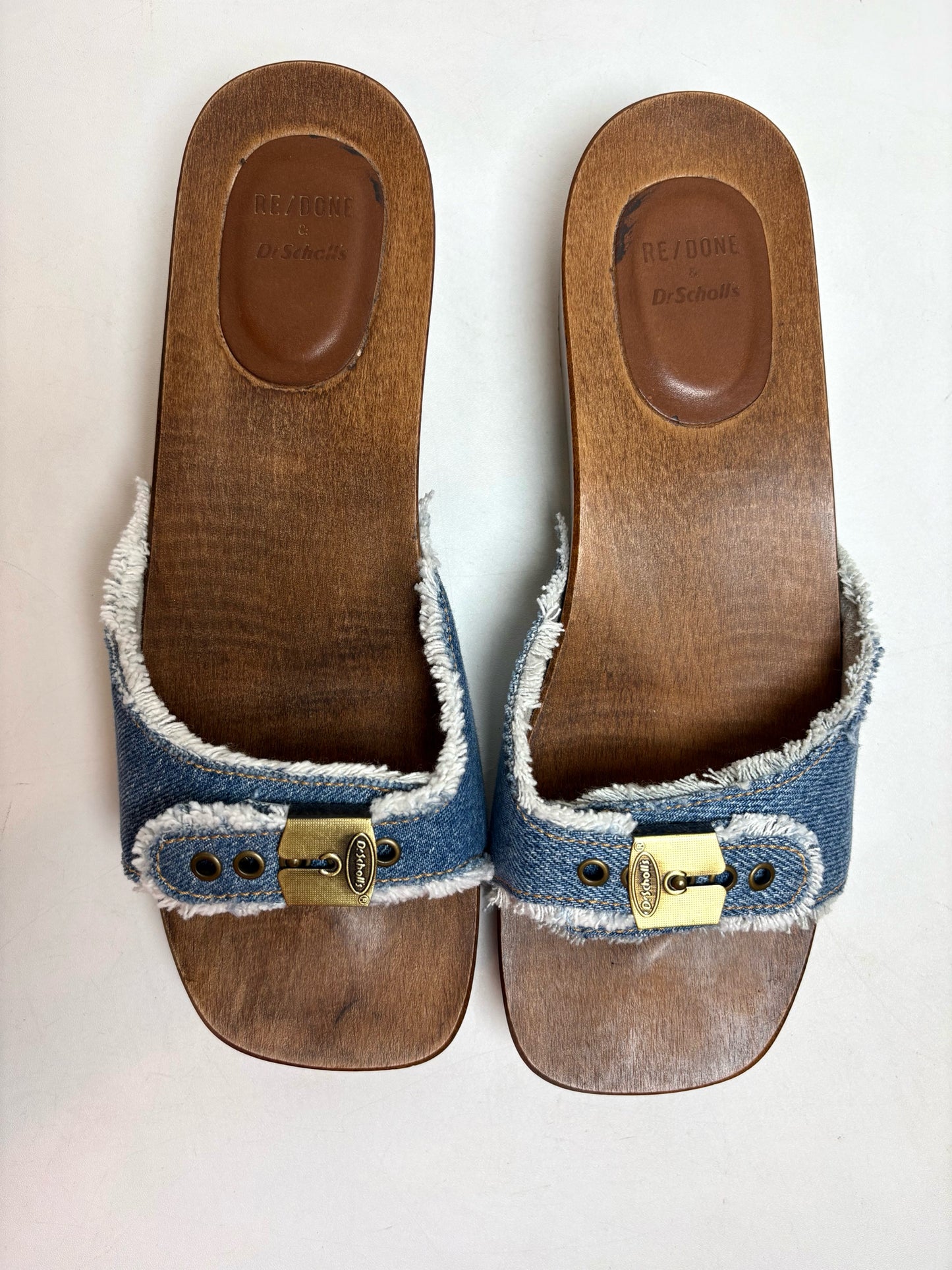 W Shoe Size 9 Re/Done & Dr. Scholls Brown, Blue Wood Women's Pre-owned Clogs