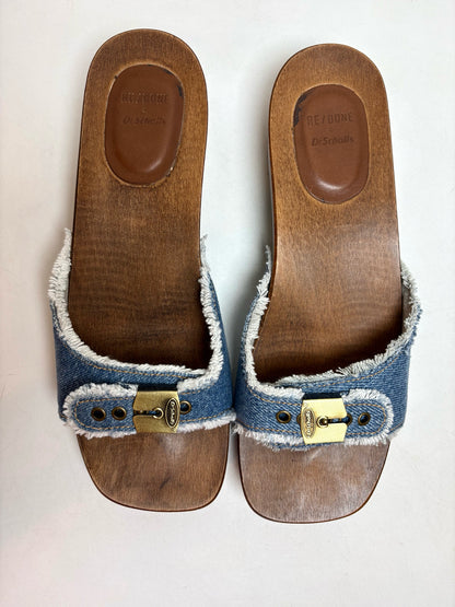 W Shoe Size 9 Re/Done & Dr. Scholls Brown, Blue Wood Women's Pre-owned Clogs