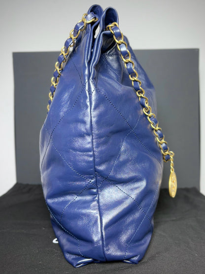 Chanel 22 Calfskin Leather Metallic Navy Blue Quilted Purse
