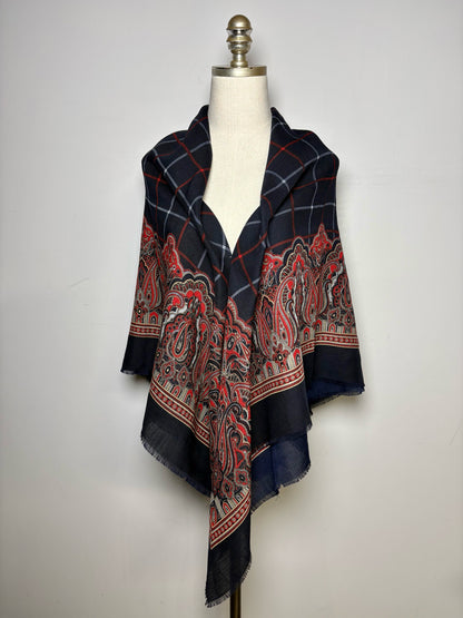 Burberrys' Paisley & Check Pure Wool Vintage RARE Pre-owned Square Navy Scarf