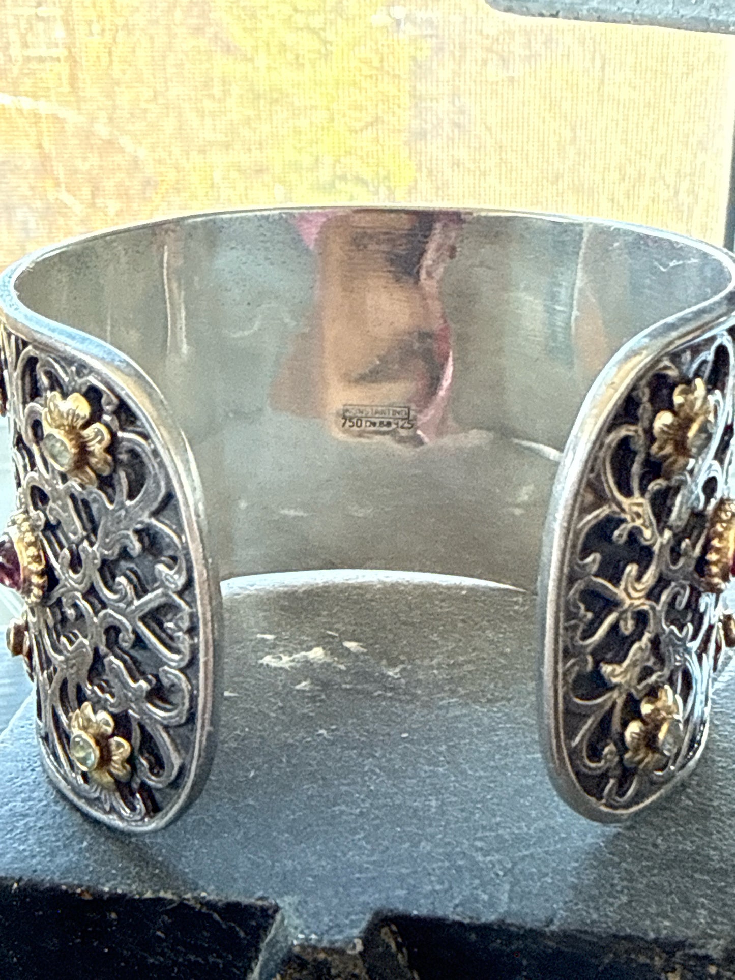 Konstantino Filigree Pink Tourmaline, Blue Topaz Cuff 18K Gold, 925 Cuff