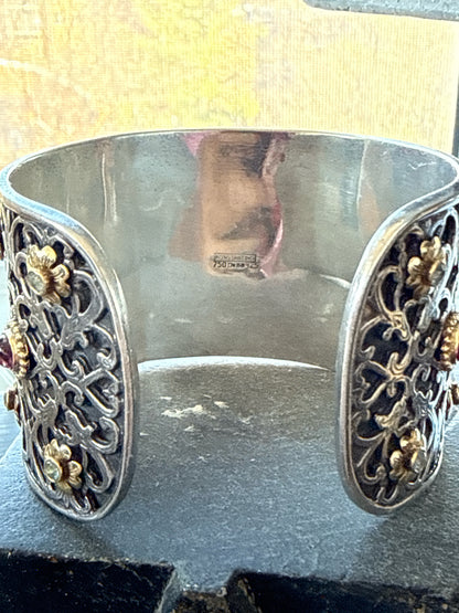 Konstantino Filigree Pink Tourmaline, Blue Topaz Cuff 18K Gold, 925 Cuff