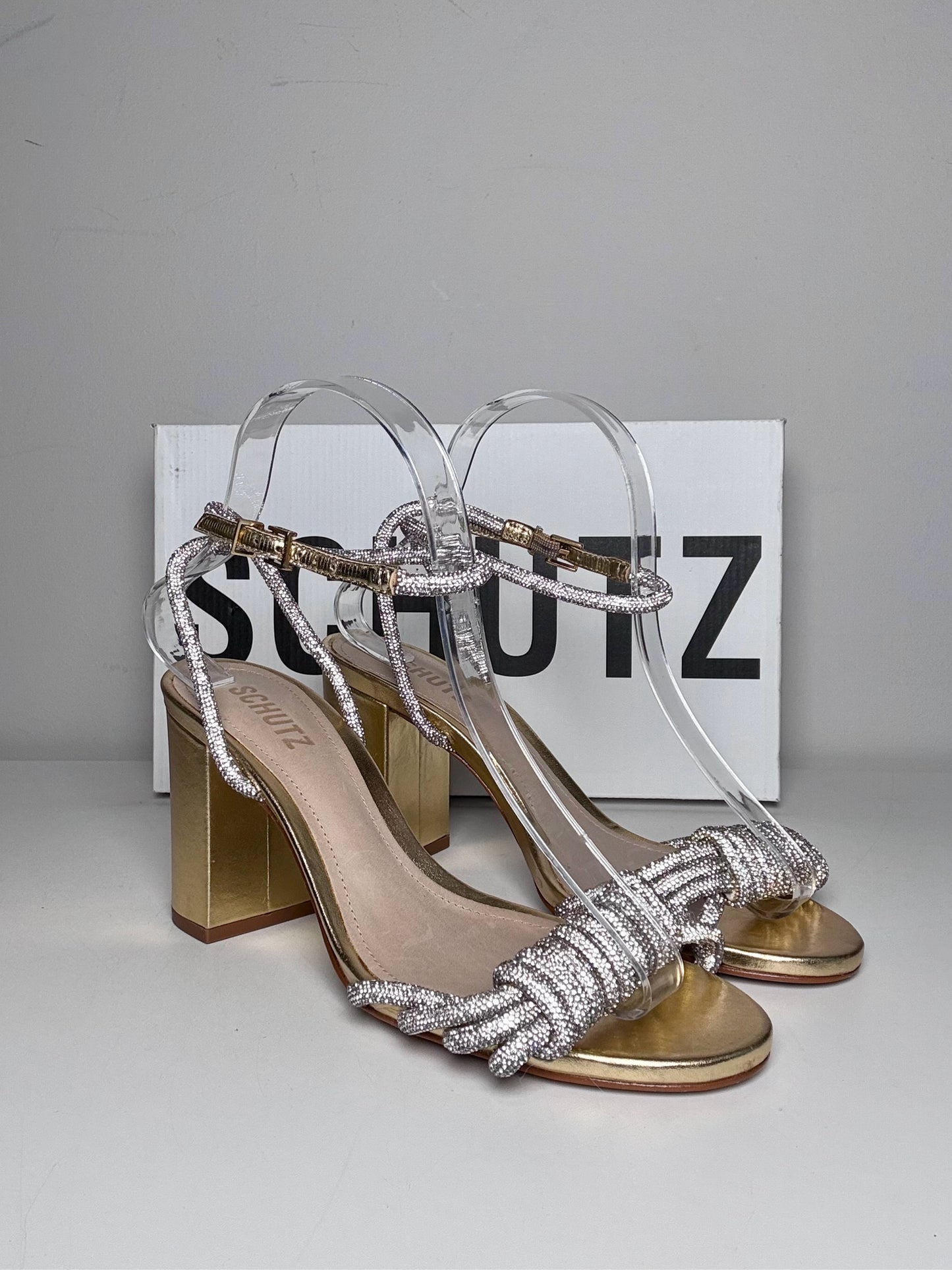 W Shoe Size 7.5 Schutz Jewell Block Gold Leather Cowhide Pre-owned, NWT Heels