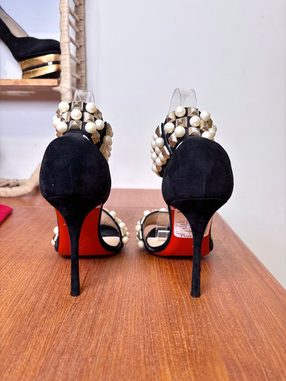 W Size 39.5 Christian Louboutin Black Suede Tudor Bal Pre-owned Heels