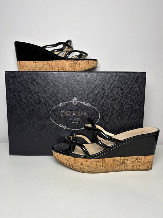 W Shoe Size 36.5 (6.5 US) Prada Black, Tan Cork, Leather Women's Vintage Sandals