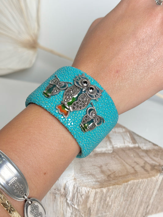 Stingray Leather 3 Owls Marcasite Cuff Bracelet