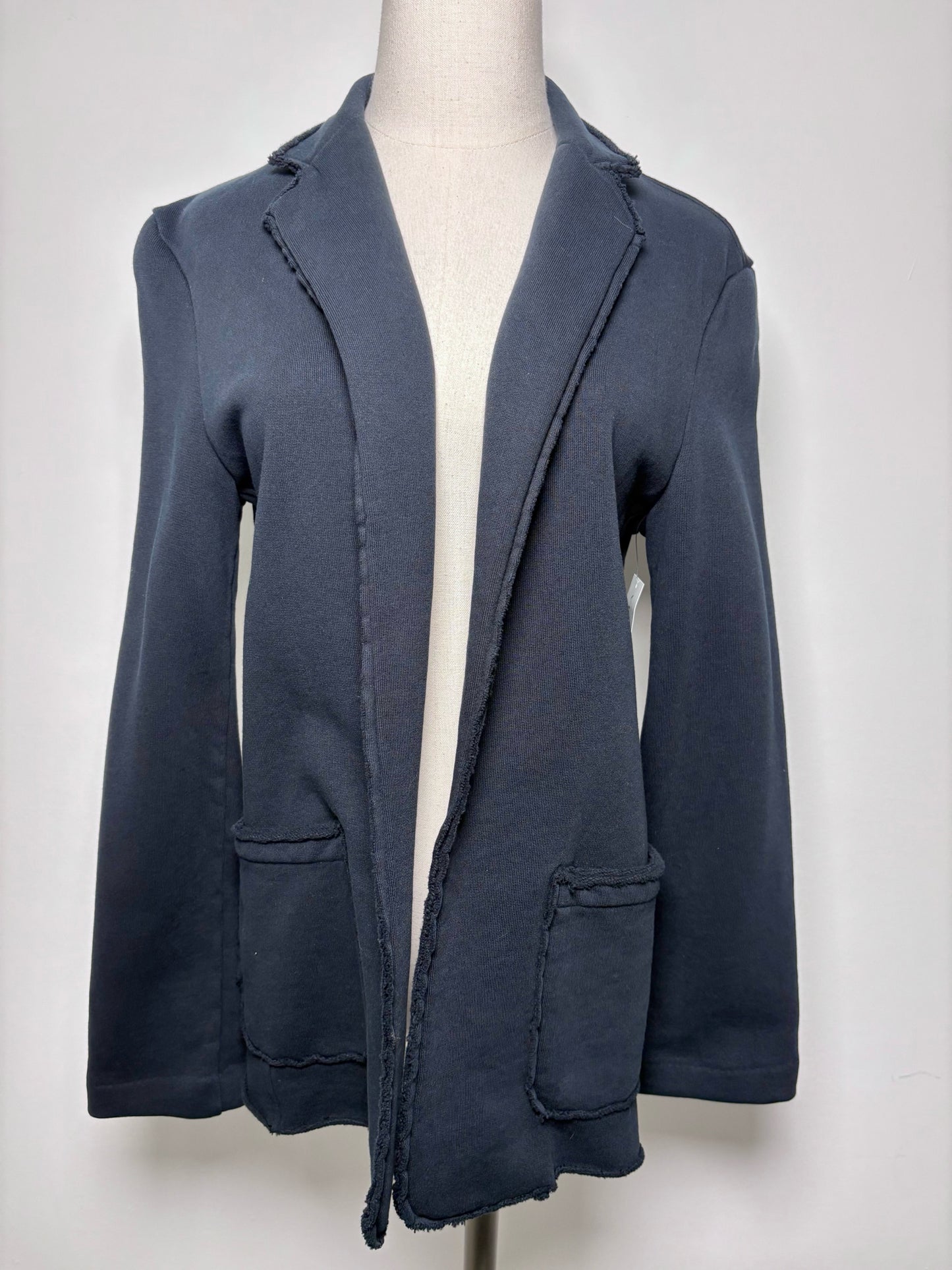 Women Size XS Frank & Eileen Black Cotton Swings Open Raw Trim Jacket