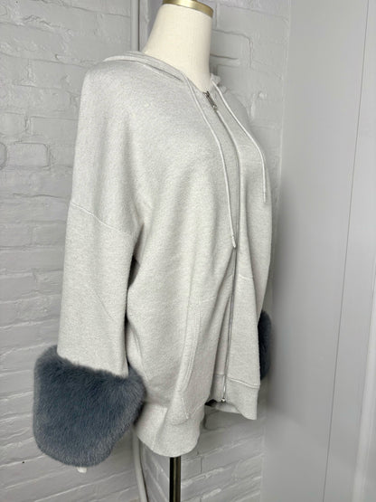 Women Size M Saks Fifth Avenue Gray Zip Front Fur Trim Sweater