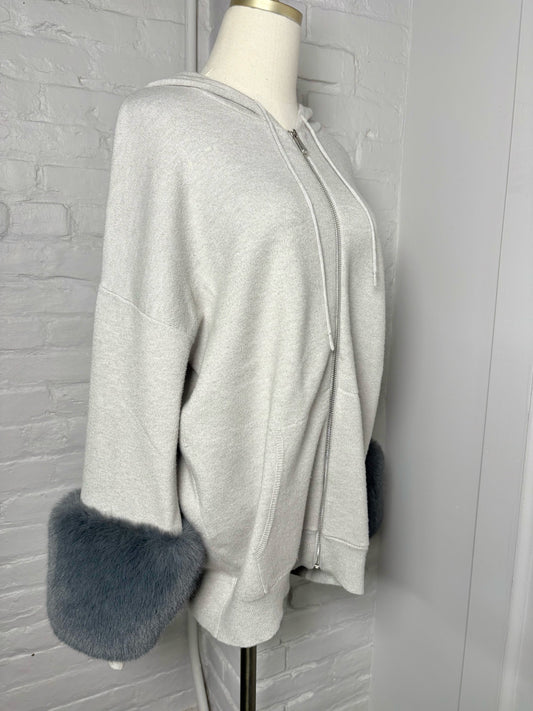 Women Size M Saks Fifth Avenue Gray Zip Front Fur Trim Sweater