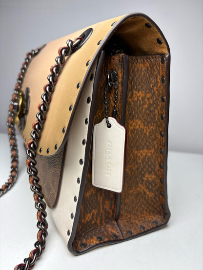 Women's Coach Parker Rivets Snakeskin Print Monogram Leather Pre-Owned Shoulder Bag