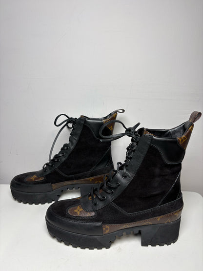 Women's Shoe Size 42 Authentic Louis Vuitton Laureate Black & Brown Leather Suede Pre-Owned Platform Desert Boots