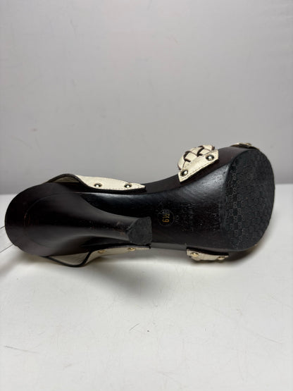 W Shoe Size 6.5 Gucci Brown, White Leather, Wood Women's Pre-owned Heels