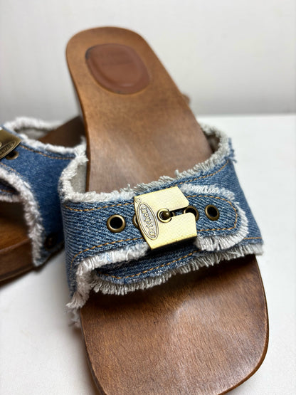 W Shoe Size 9 Re/Done & Dr. Scholls Brown, Blue Wood Women's Pre-owned Clogs