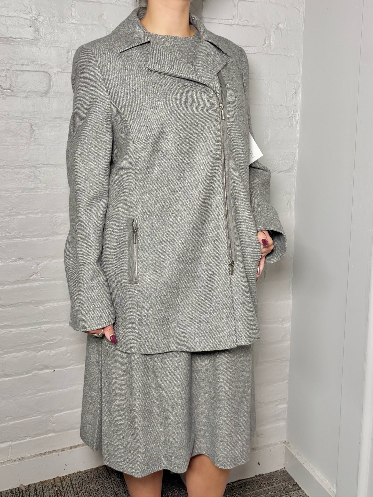 Women Size 14 Akris Punto Gray Tweed A-line Belted Dress