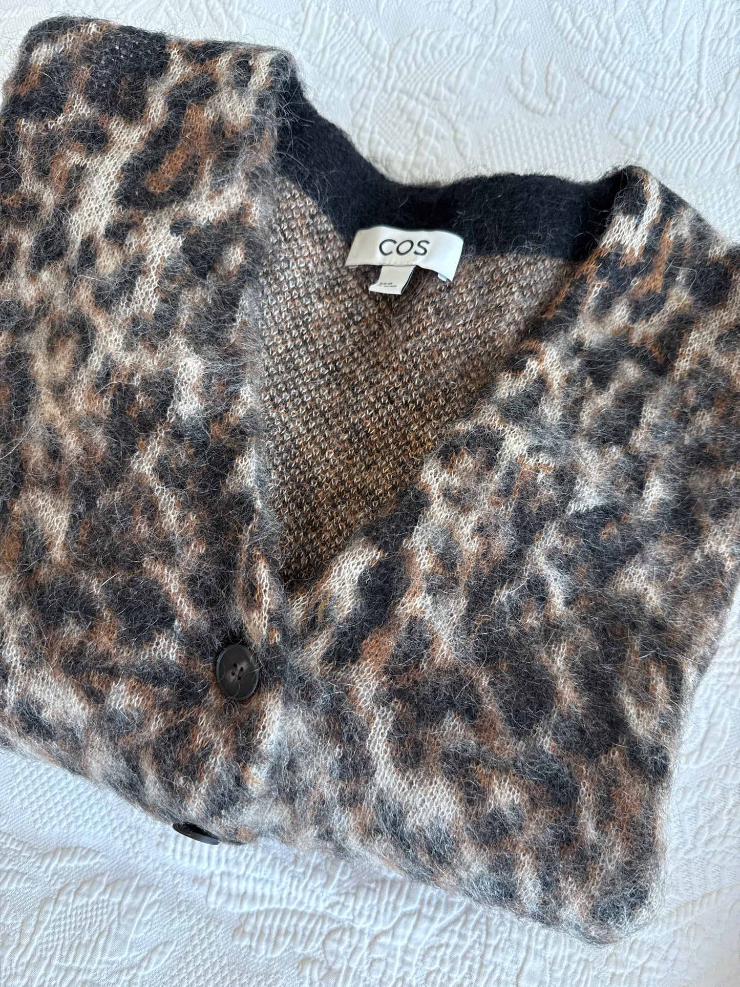 Women Size M COS Multicolor Leopard Spots Mohair Wool Blend Cardi Sweater