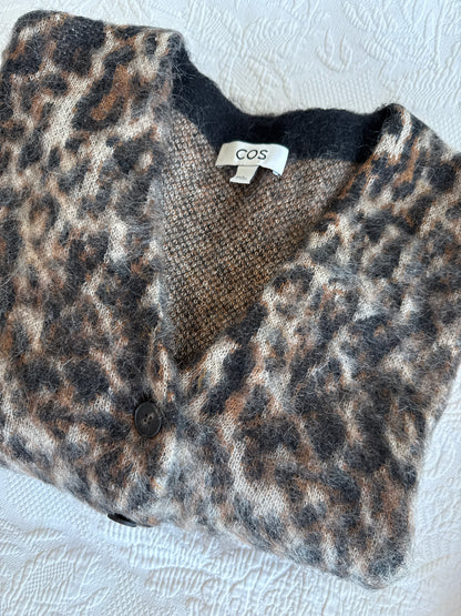 Women Size M COS Multicolor Leopard Spots Mohair Wool Blend Cardi Sweater