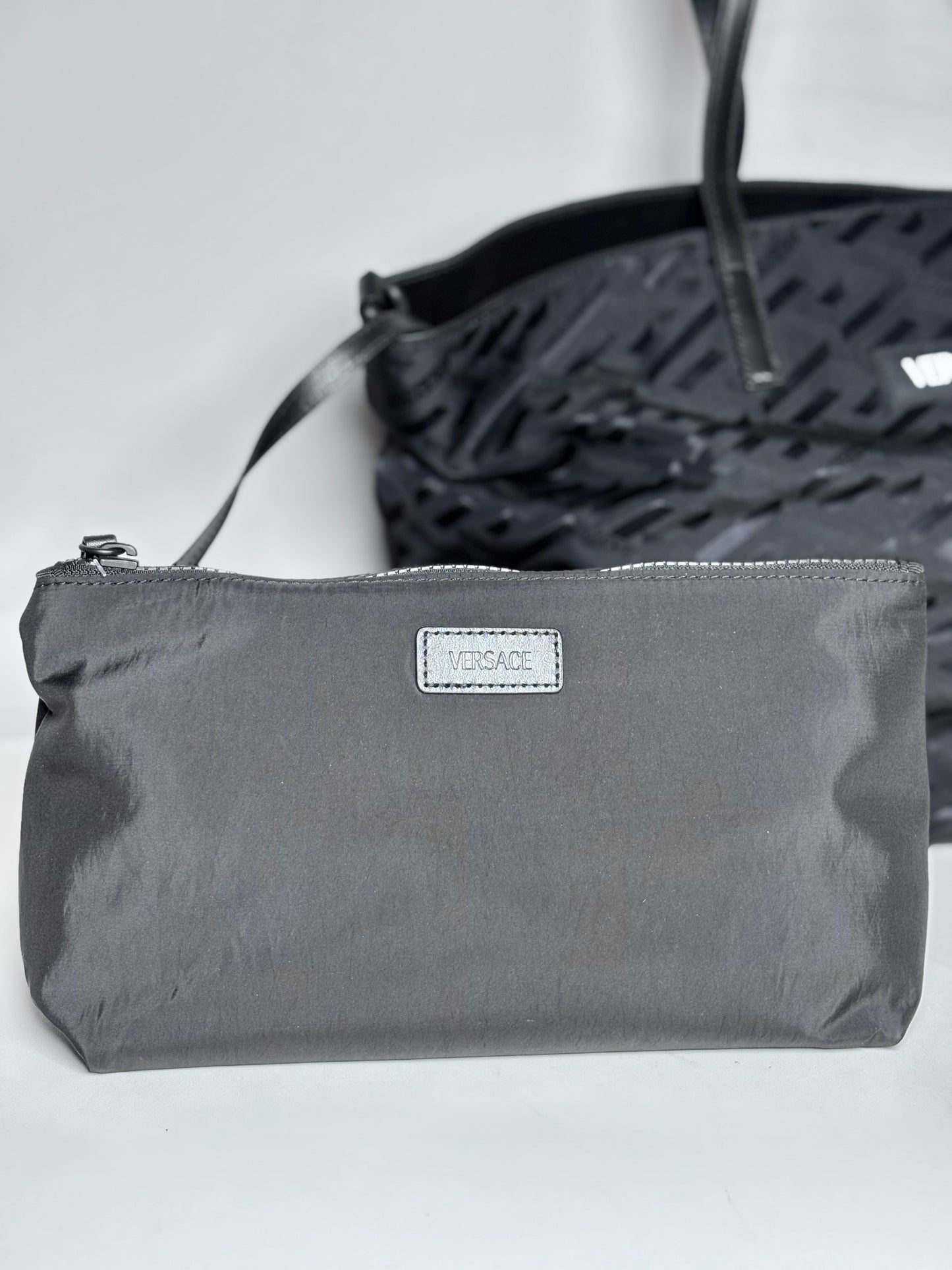 Versace Jacquard, Monogram Nylon Pre-owned Black Leather + Pouch Crossbody Tote