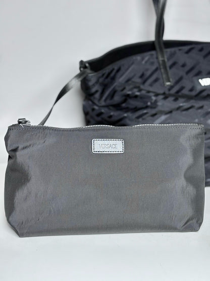 Versace Jacquard, Monogram Nylon Pre-owned Black Leather + Pouch Crossbody Tote