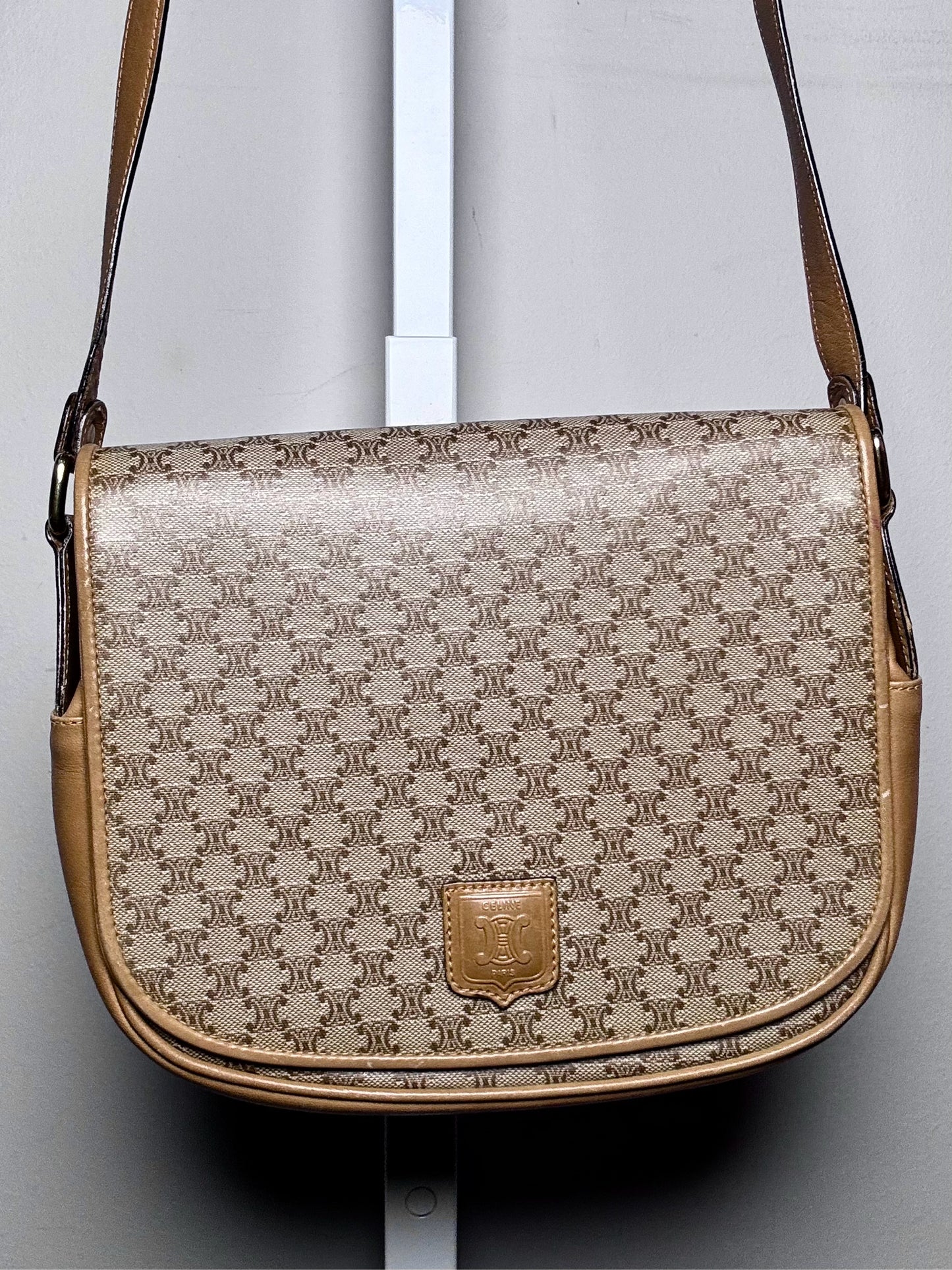 Celine Monogram Vintage Coated Canvas, Leather Pre-owned Beige Saddle Bag