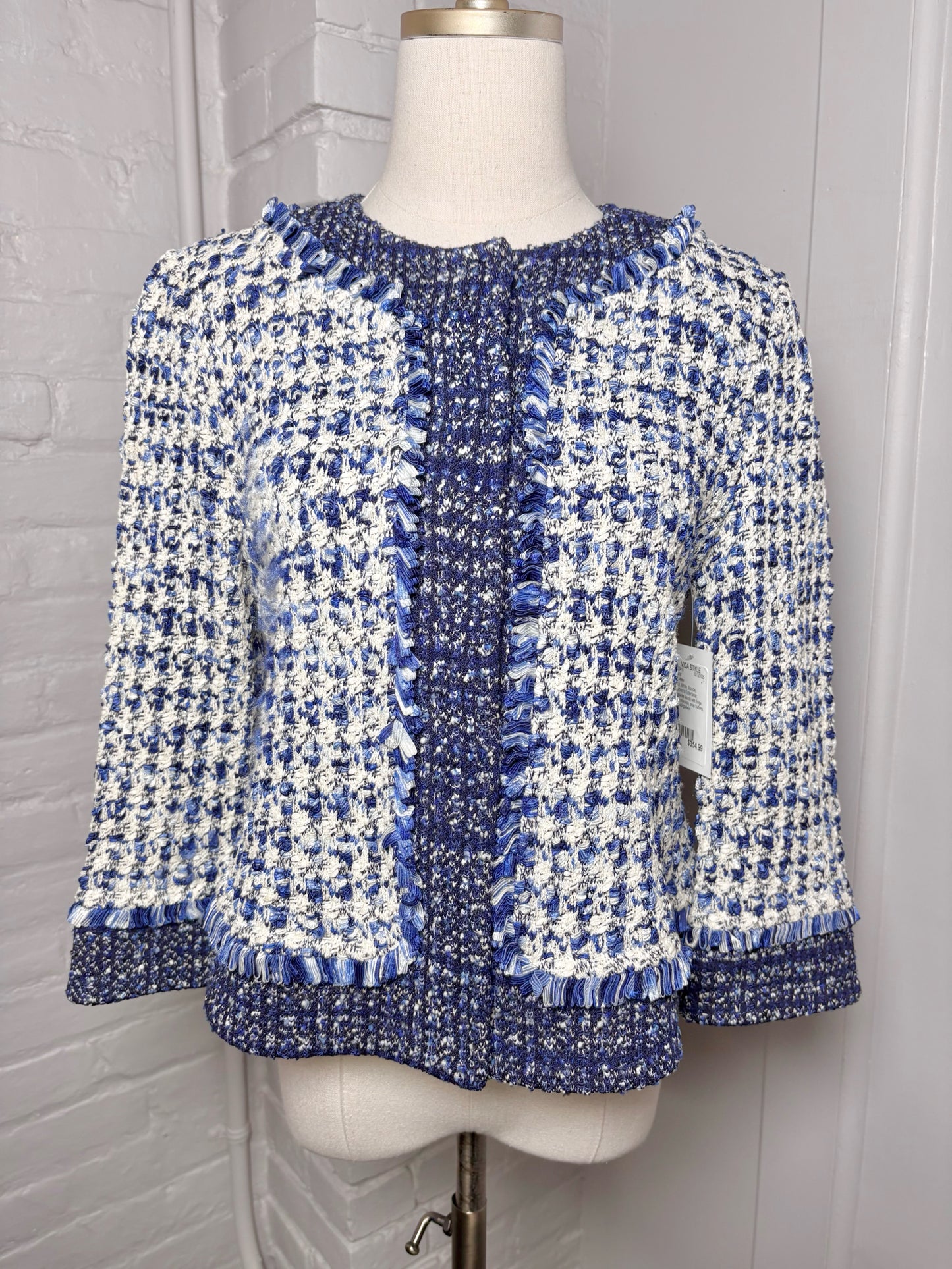 Women Size 6 St. John Blue, White Boucle Cropped Fringe Trim Blazer