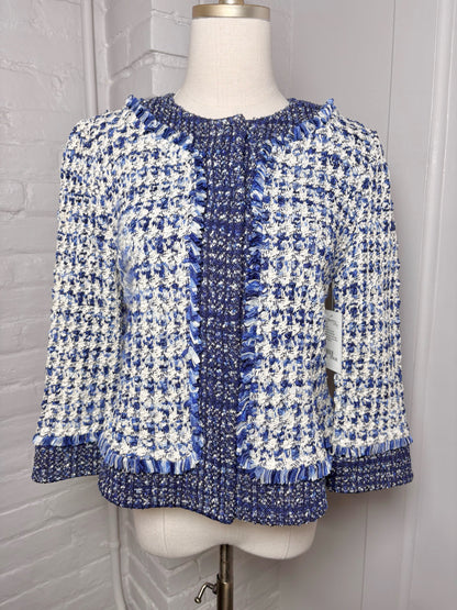 Women Size 6 St. John Blue, White Boucle Cropped Fringe Trim Blazer