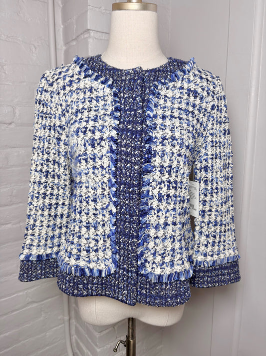 Women Size 6 St. John Blue, White Boucle Cropped Fringe Trim Blazer