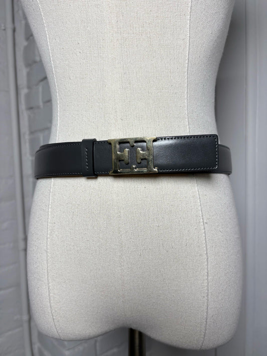 Escada Leather Charcoal L/XL Belt EE Gold Tone Logo