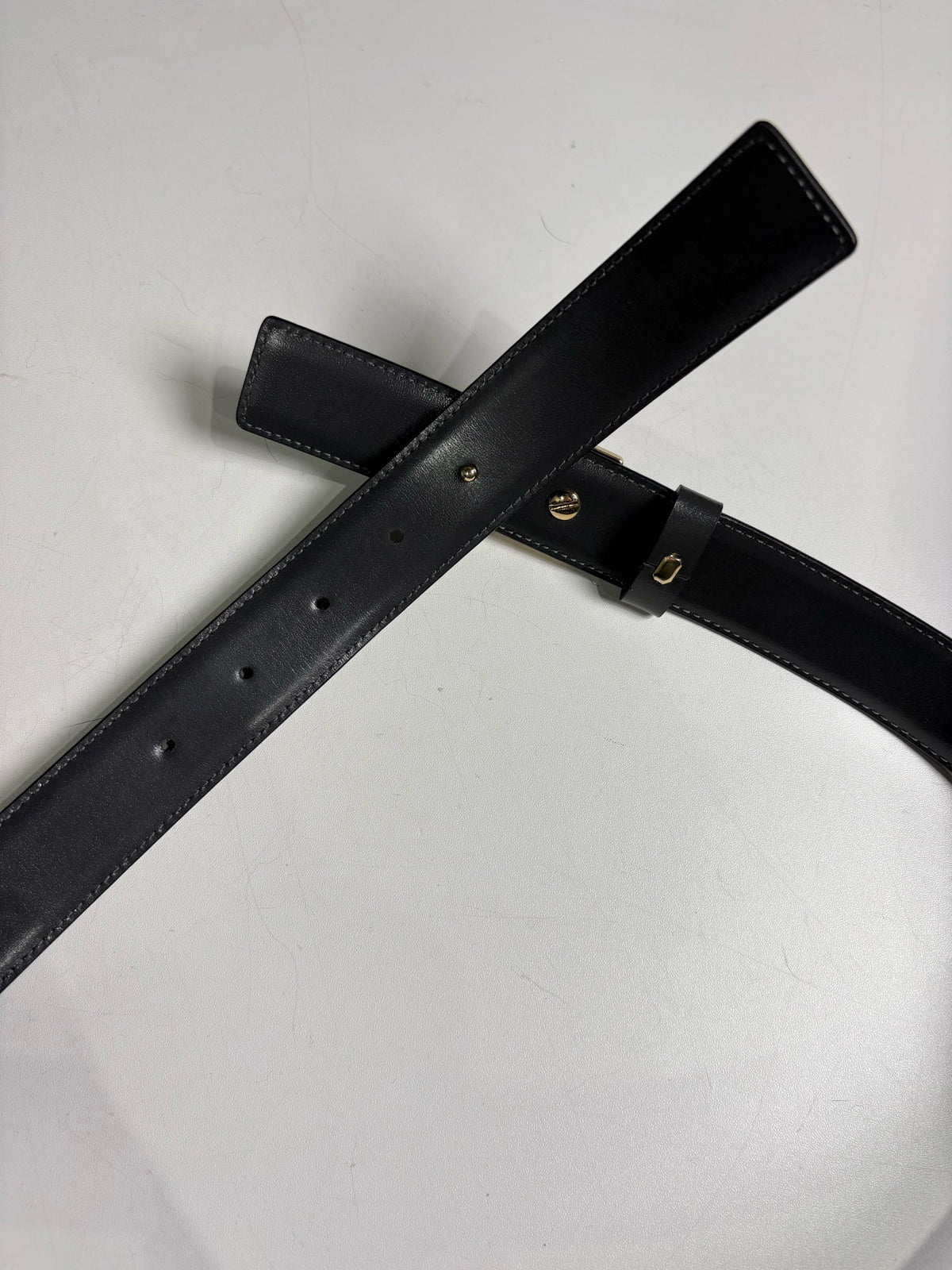 Escada Leather Charcoal L/XL Belt EE Gold Tone Logo