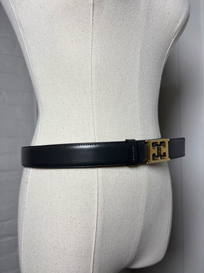 Escada Leather Charcoal L/XL Belt EE Gold Tone Logo