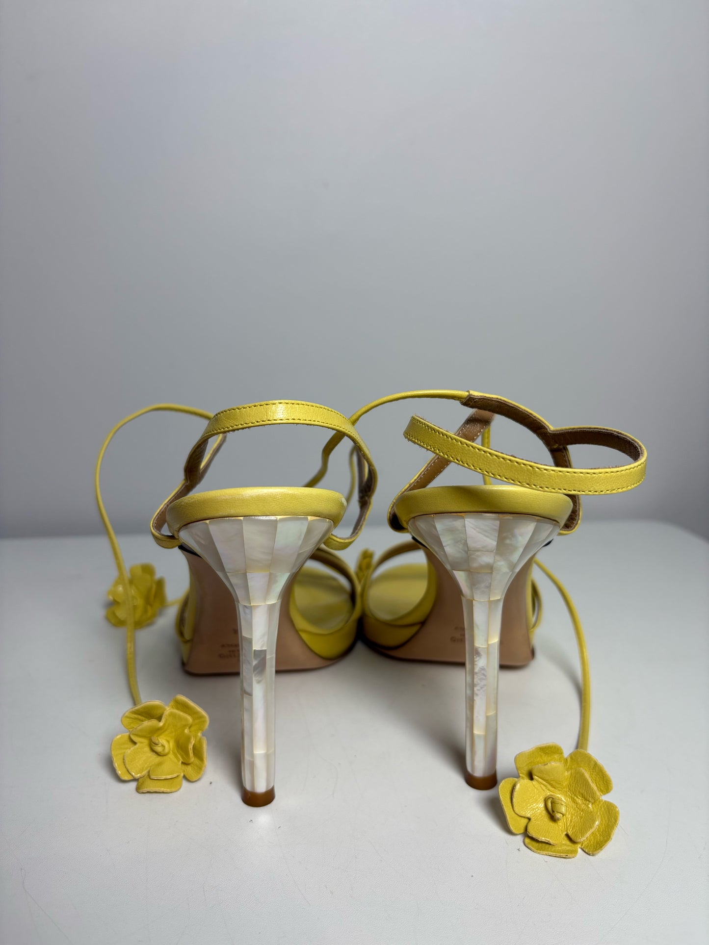 W Shoe Size 38.5 (7.5 US) Valentino Yellow Leather Floral Ankle Strap Heels